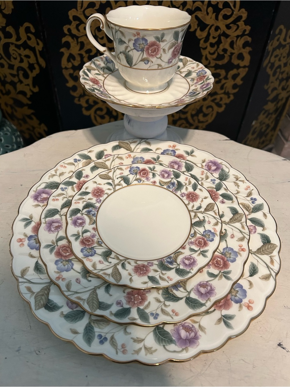 NORITAKE LA PRADA Fine Bone China Floral Dinner Plate 5 piece Set Gold Trim
